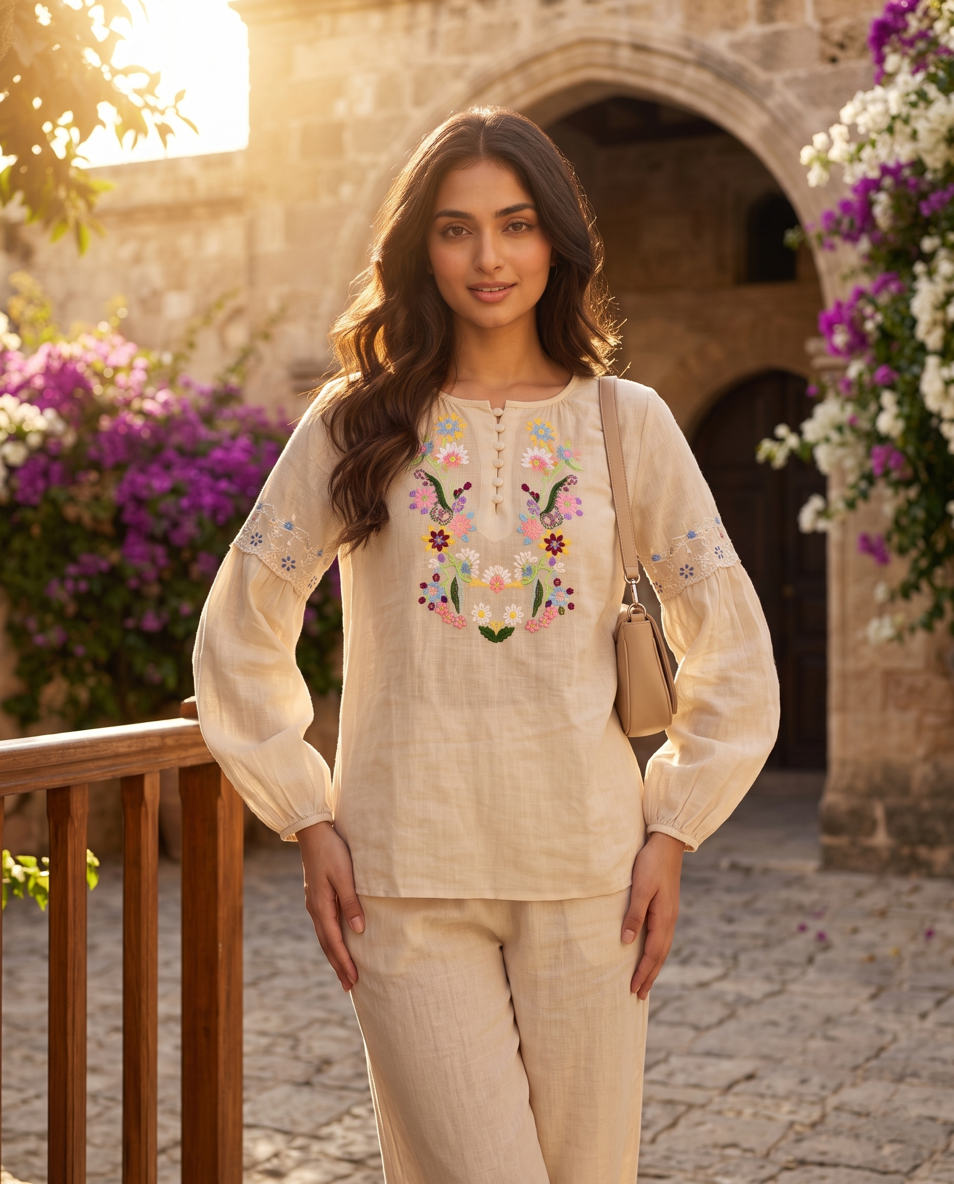 Ivory Floral Embroidered European Linen Top - Ivory