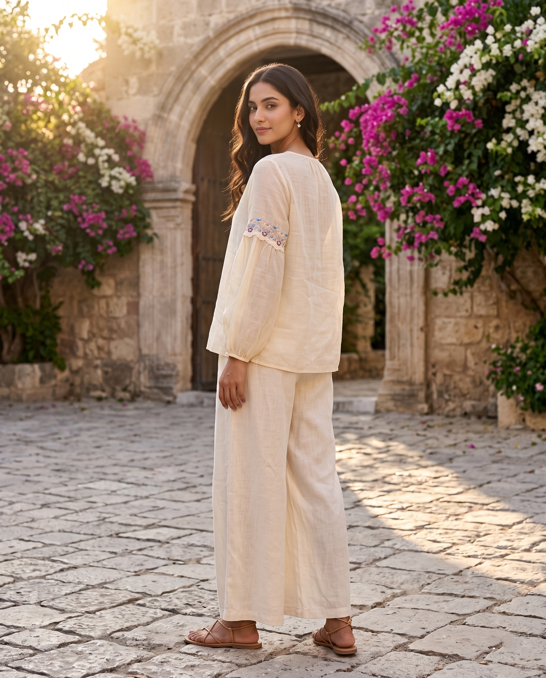Ivory Floral Embroidered European Linen Top - Ivory